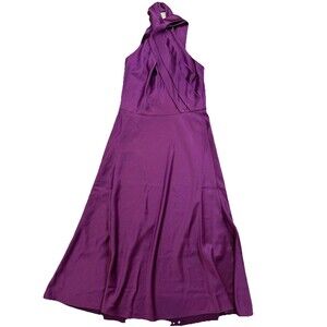 Tahari Plum Satin Evening Gown Classic Elegant Halter Formal Midi Dress 6